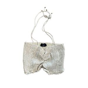 VICI Crop Top Small Cream Beige Shirred Twisted Front Ruffled Hem Boho Trendy S